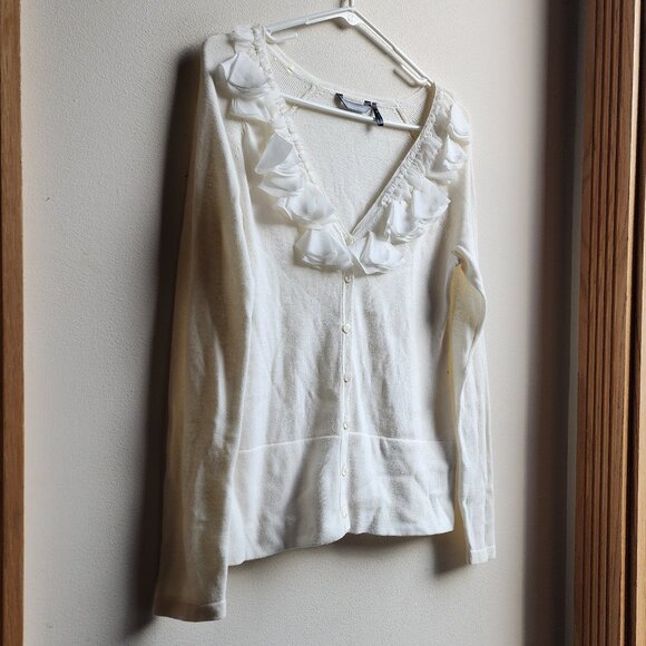 Daisy Fuentes Cream Ruffled Button Down Cardigan Size Small - Picture 3 of 16